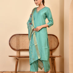 Chanderi V neck Hand Embroidered Aqua Solid  kurta Pant Set With Printed Dupatta Set