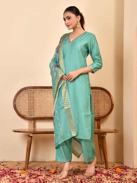 Chanderi V neck Hand Embroidered Aqua Solid  kurta Pant Set With Printed Dupatta Set