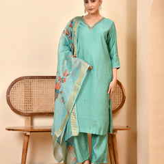 Chanderi V neck Hand Embroidered Aqua Solid  kurta Pant Set With Printed Dupatta Set
