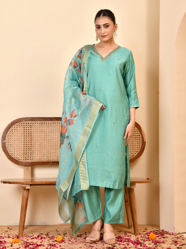 Chanderi V neck Hand Embroidered Aqua Solid  kurta Pant Set With Printed Dupatta Set
