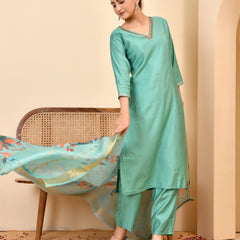 Chanderi V neck Hand Embroidered Aqua Solid  kurta Pant Set With Printed Dupatta Set