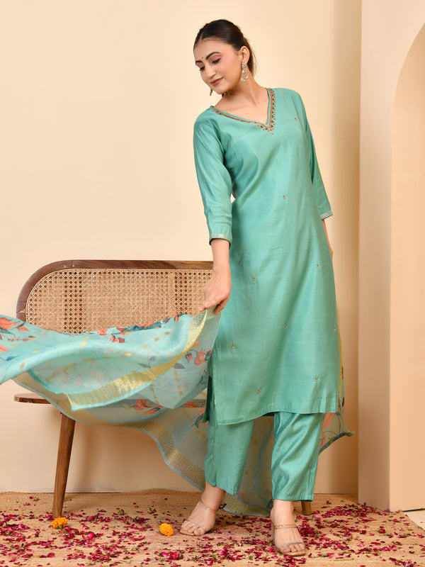 Chanderi V neck Hand Embroidered Aqua Solid  kurta Pant Set With Printed Dupatta Set