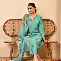 Chanderi V neck Hand Embroidered Aqua Solid  kurta Pant Set With Printed Dupatta Set