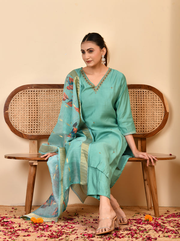 Chanderi V neck Hand Embroidered Aqua Solid  kurta Pant Set With Printed Dupatta Set