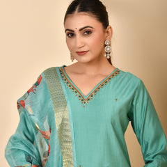 Chanderi V neck Hand Embroidered Aqua Solid  kurta Pant Set With Printed Dupatta Set