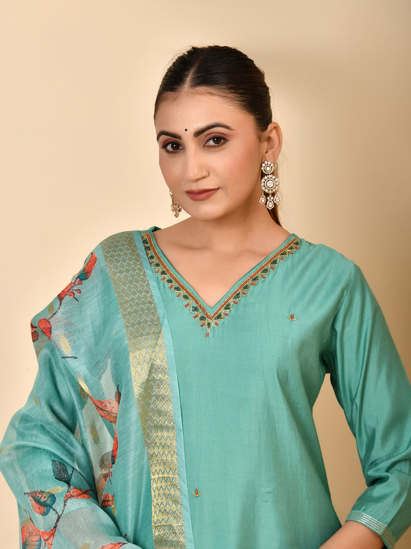 Chanderi V neck Hand Embroidered Aqua Solid  kurta Pant Set With Printed Dupatta Set