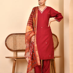 Chanderi V neck Hand Embroidered Maroon Solid  Kurta Pant Set With Printed Dupatta Set