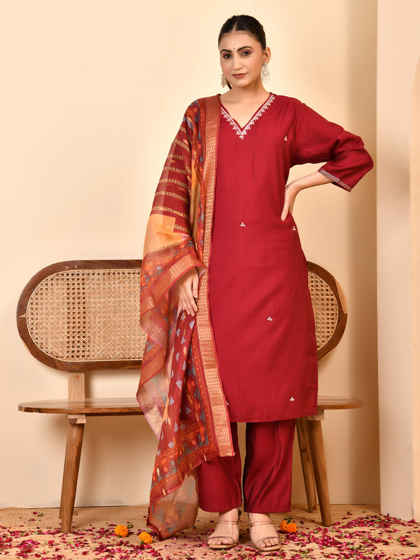 Chanderi V neck Hand Embroidered Maroon Solid  Kurta Pant Set With Printed Dupatta Set