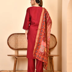 Chanderi V neck Hand Embroidered Maroon Solid  Kurta Pant Set With Printed Dupatta Set