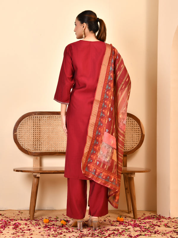 Chanderi V neck Hand Embroidered Maroon Solid  Kurta Pant Set With Printed Dupatta Set