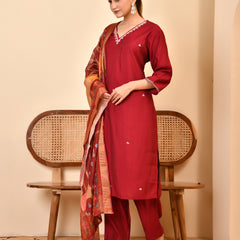 Chanderi V neck Hand Embroidered Maroon Solid  Kurta Pant Set With Printed Dupatta Set