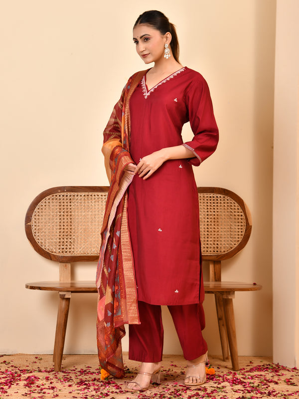 Chanderi V neck Hand Embroidered Maroon Solid  Kurta Pant Set With Printed Dupatta Set