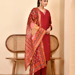 Chanderi V neck Hand Embroidered Maroon Solid  Kurta Pant Set With Printed Dupatta Set