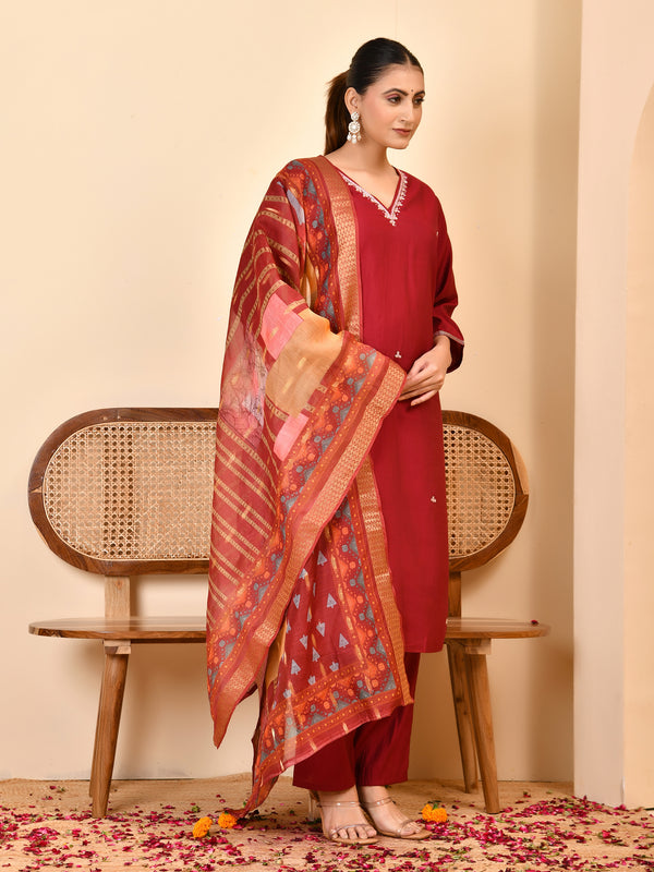 Chanderi V neck Hand Embroidered Maroon Solid  Kurta Pant Set With Printed Dupatta Set