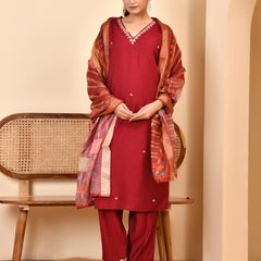 Chanderi V neck Hand Embroidered Maroon Solid  Kurta Pant Set With Printed Dupatta Set