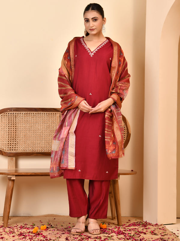 Chanderi V neck Hand Embroidered Maroon Solid  Kurta Pant Set With Printed Dupatta Set