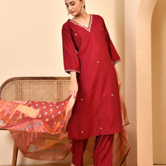 Chanderi V neck Hand Embroidered Maroon Solid  Kurta Pant Set With Printed Dupatta Set