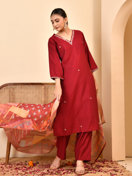 Chanderi V neck Hand Embroidered Maroon Solid  Kurta Pant Set With Printed Dupatta Set