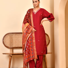 Chanderi V neck Hand Embroidered Maroon Solid  Kurta Pant Set With Printed Dupatta Set