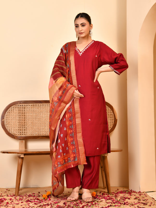 Chanderi V neck Hand Embroidered Maroon Solid  Kurta Pant Set With Printed Dupatta Set