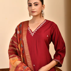 Chanderi V neck Hand Embroidered Maroon Solid  Kurta Pant Set With Printed Dupatta Set