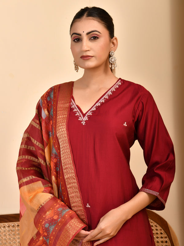 Chanderi V neck Hand Embroidered Maroon Solid  Kurta Pant Set With Printed Dupatta Set