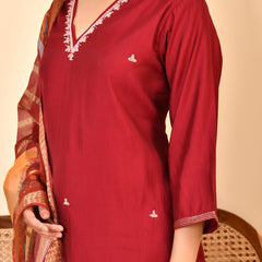 Chanderi V neck Hand Embroidered Maroon Solid  Kurta Pant Set With Printed Dupatta Set