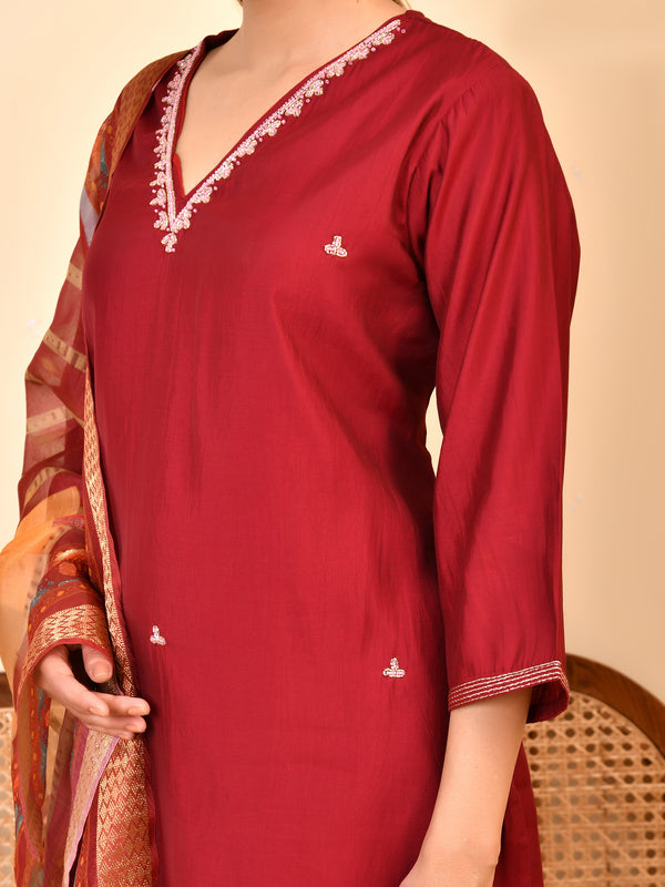 Chanderi V neck Hand Embroidered Maroon Solid  Kurta Pant Set With Printed Dupatta Set
