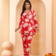 Red pleated cotton cord set with lace & cotton printed pants