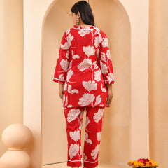 Red pleated cotton cord set with lace & cotton printed pants