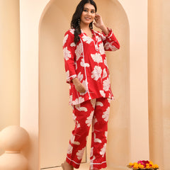 Red pleated cotton cord set with lace & cotton printed pants