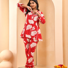Red pleated cotton cord set with lace & cotton printed pants