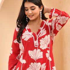 Red pleated cotton cord set with lace & cotton printed pants