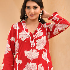 Red pleated cotton cord set with lace & cotton printed pants