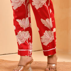 Red pleated cotton cord set with lace & cotton printed pants
