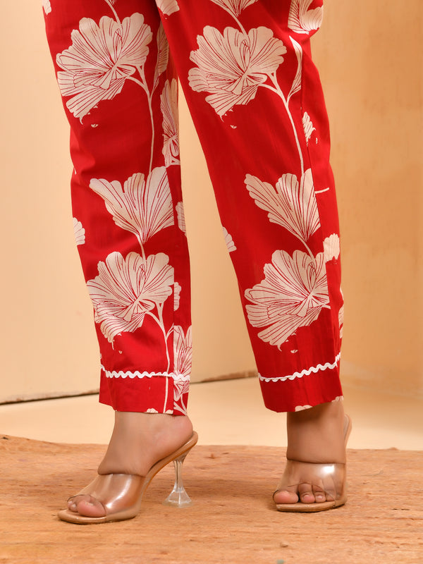 Red pleated cotton cord set with lace & cotton printed pants