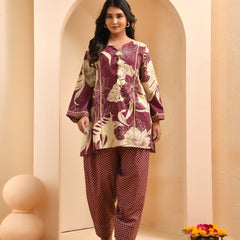 Brown panel cotton cord set with polka dot printed farshi pant