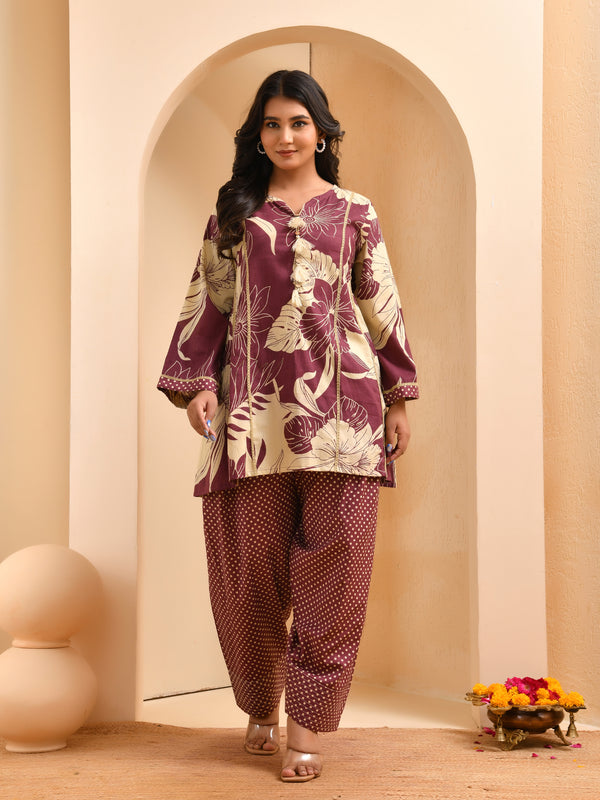 Brown panel cotton cord set with polka dot printed farshi pant