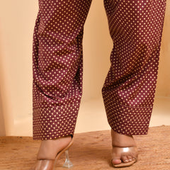 Brown panel cotton cord set with polka dot printed farshi pant