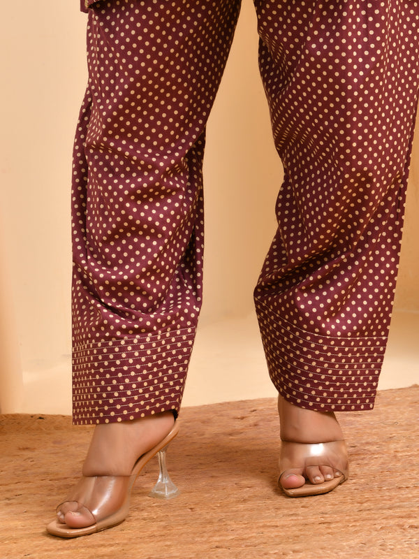 Brown panel cotton cord set with polka dot printed farshi pant