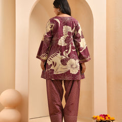 Brown panel cotton cord set with polka dot printed farshi pant