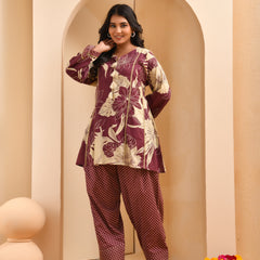 Brown panel cotton cord set with polka dot printed farshi pant