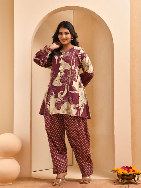 Brown panel cotton cord set with polka dot printed farshi pant