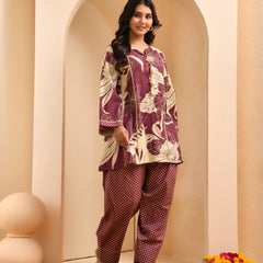 Brown panel cotton cord set with polka dot printed farshi pant