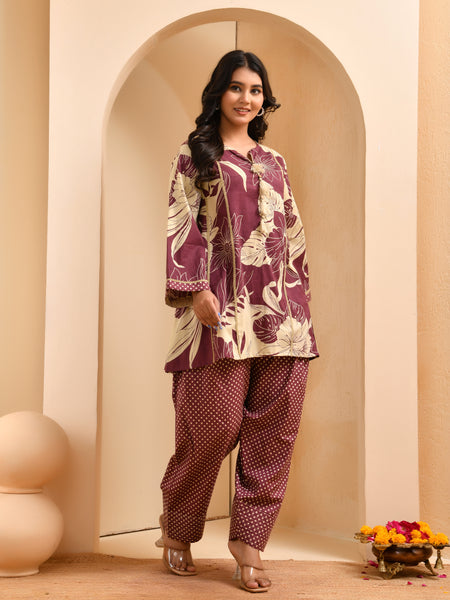 Brown panel cotton cord set with polka dot printed farshi pant
