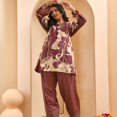Brown panel cotton cord set with polka dot printed farshi pant