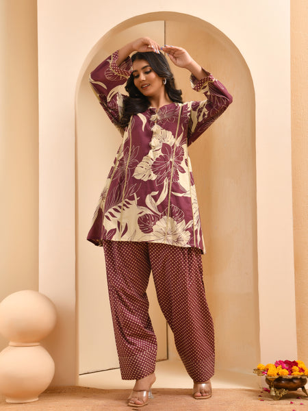 Brown panel cotton cord set with polka dot printed farshi pant