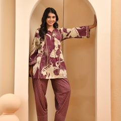 Brown panel cotton cord set with polka dot printed farshi pant