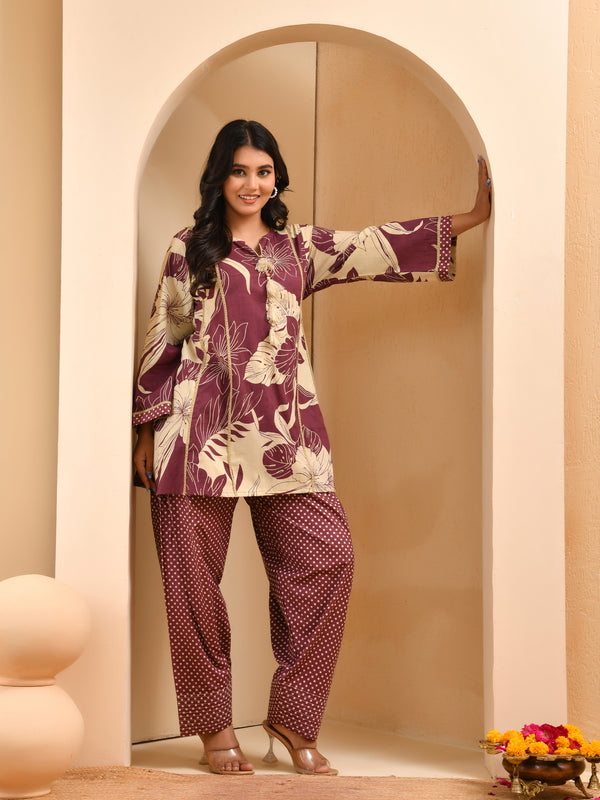 Brown panel cotton cord set with polka dot printed farshi pant