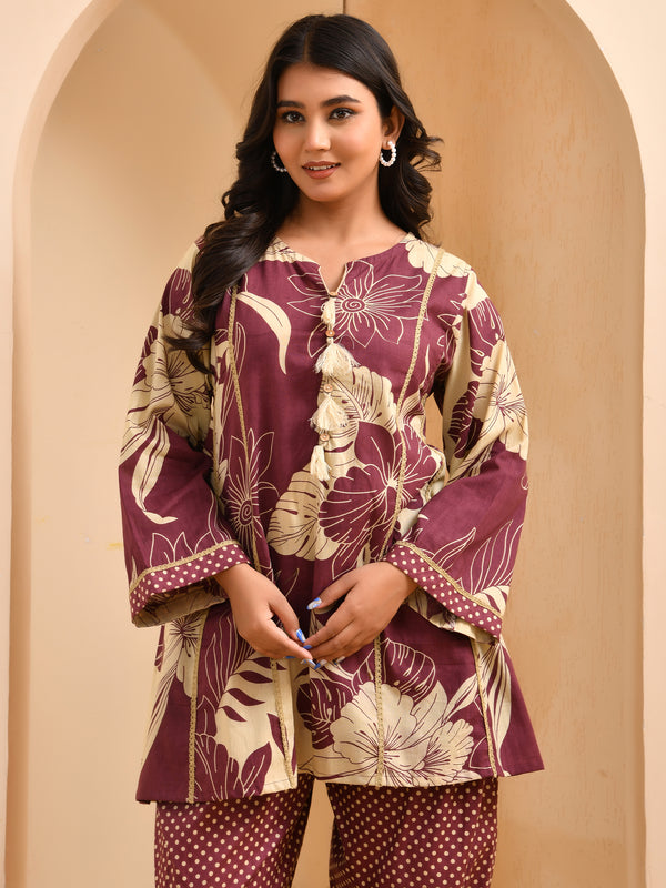 Brown panel cotton cord set with polka dot printed farshi pant